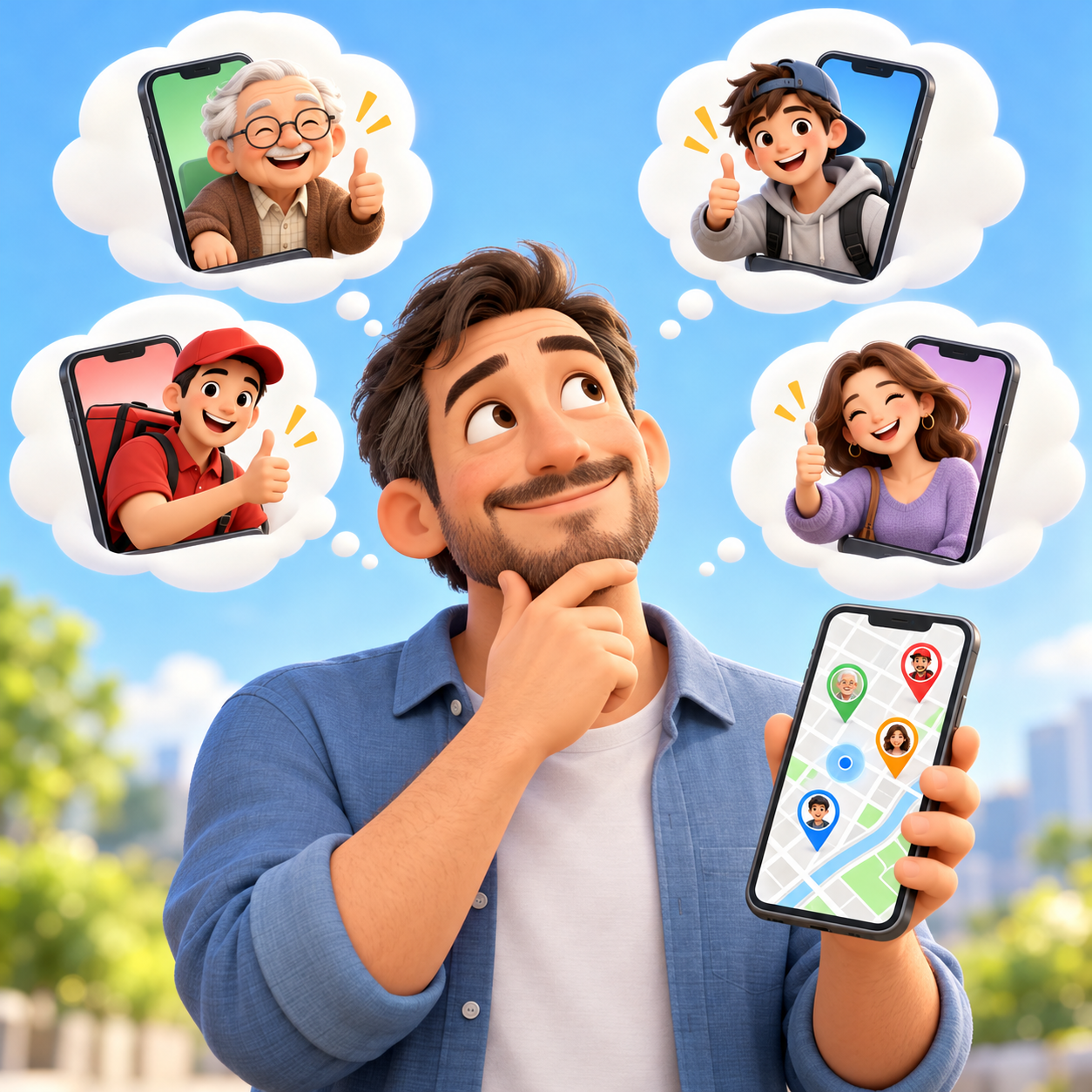 Pessoa vendo no mapa a localização de familiares e de um funcionário pelo celular